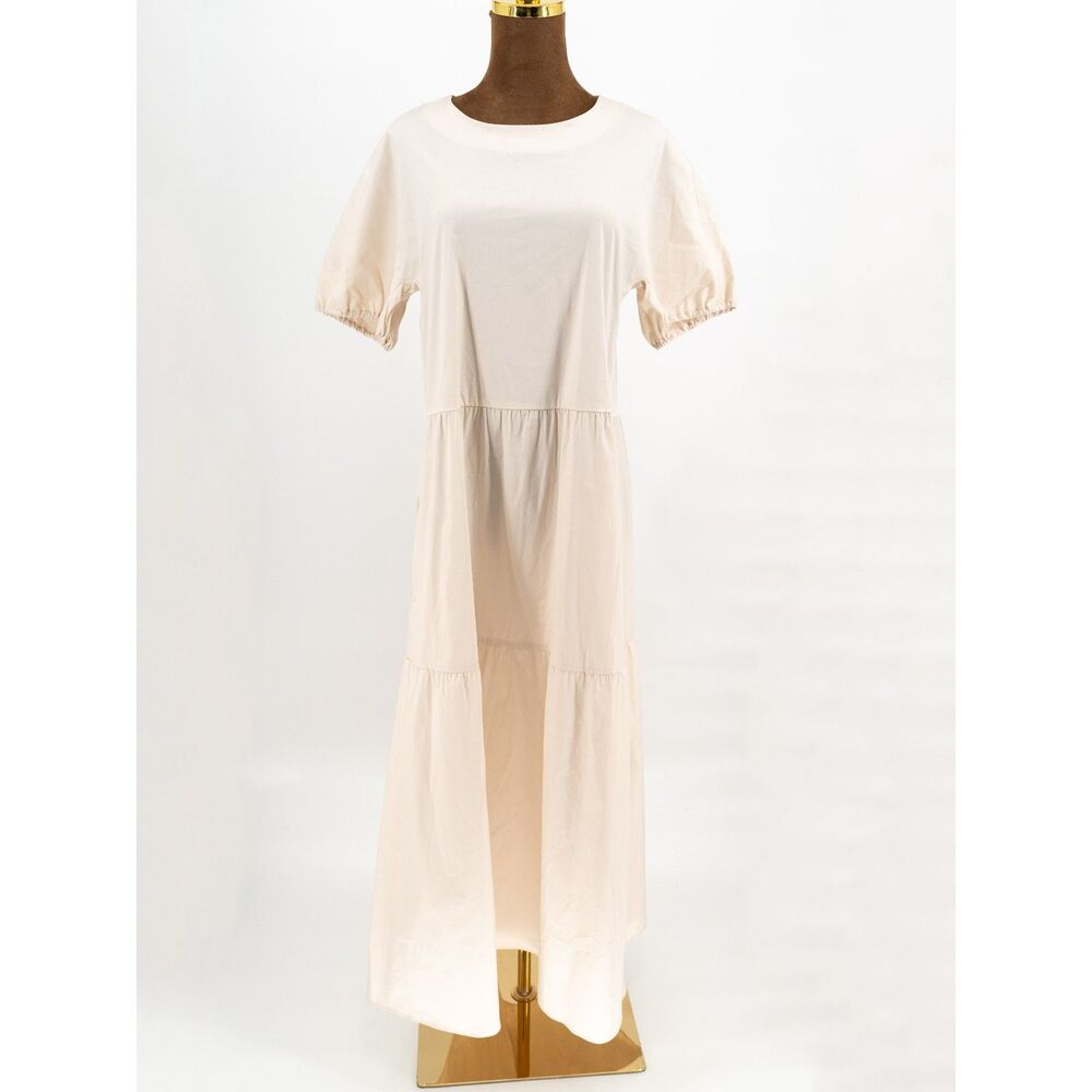 Max Mara Womens 12 Tiered Dress Cream Midi Short Sleeve Zipper Closure